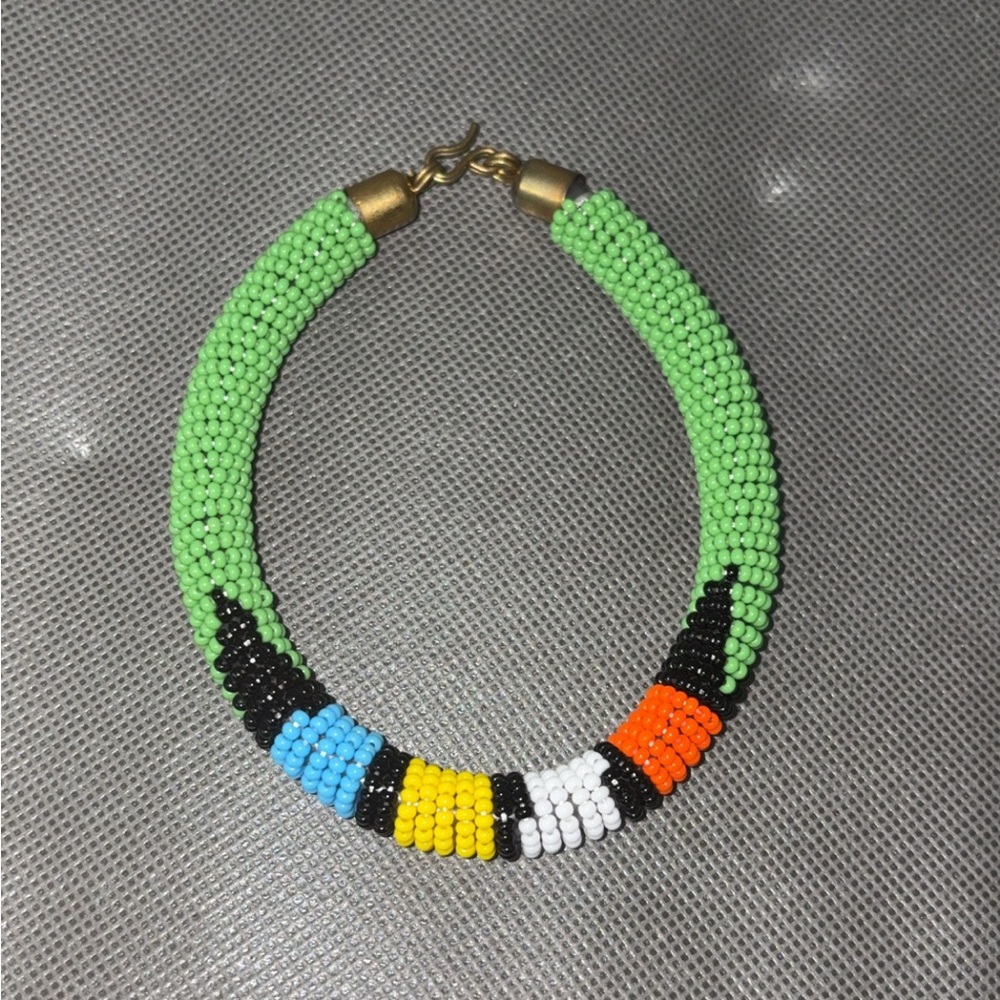 Green and Blue Beaded Necklace with Geometric Design- from Ghana handmade
